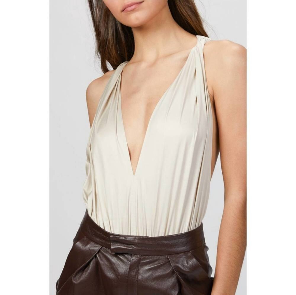 Zeynep Arcay Helen Plunge Open Back Bodysuit Cross Strap Cream US 2